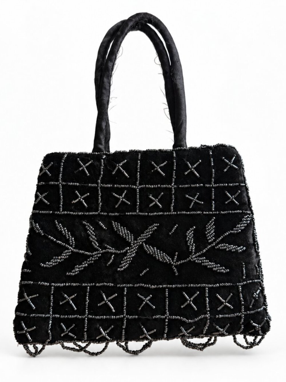 Vintage Mustafa Singapore Black Beaded Mini Handbag Zip Top Evening Bag Y2K